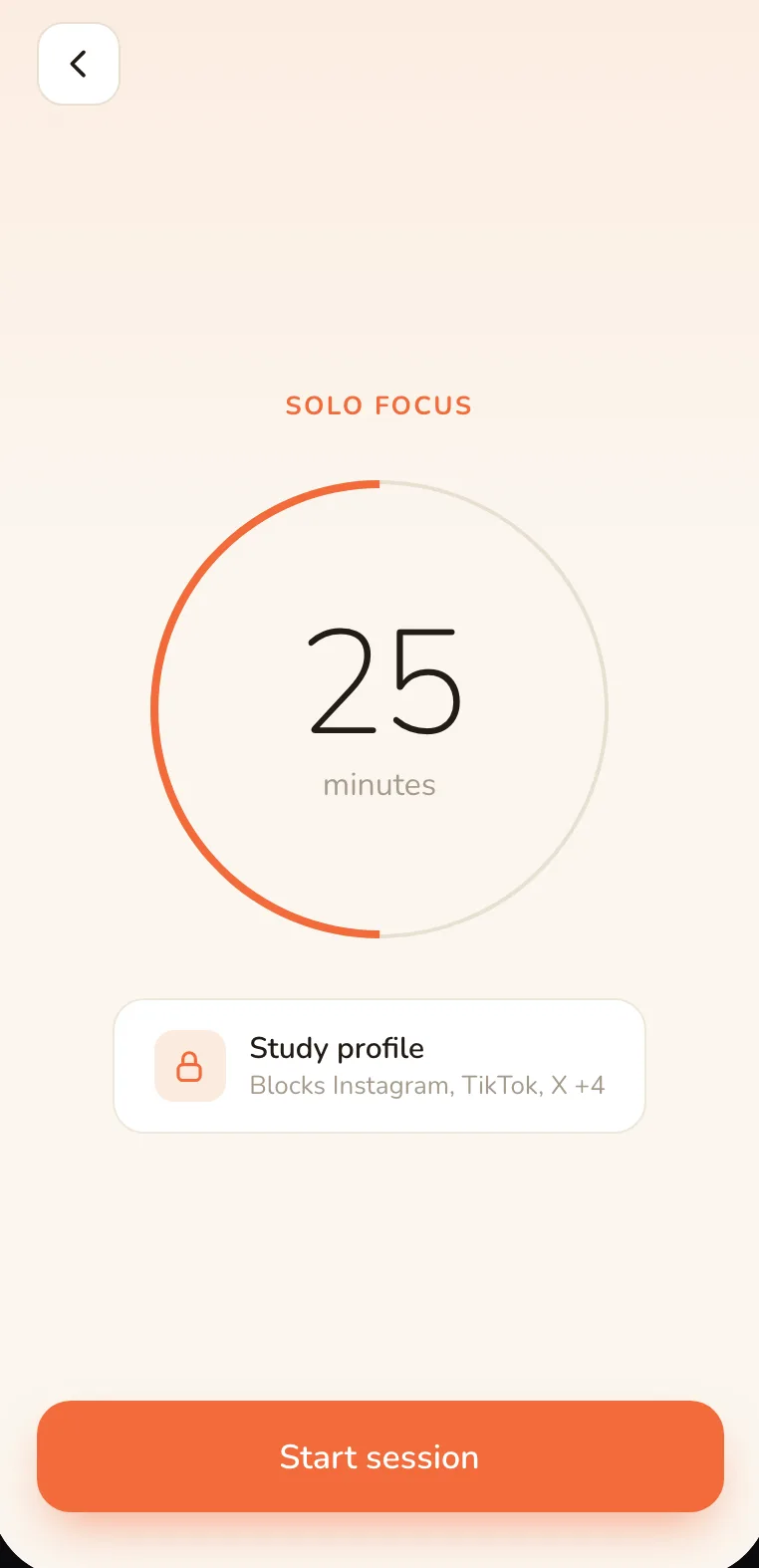 Starting a solo session: a 25-minute dial above a Study profile that blocks Instagram, TikTok, X and four more apps.