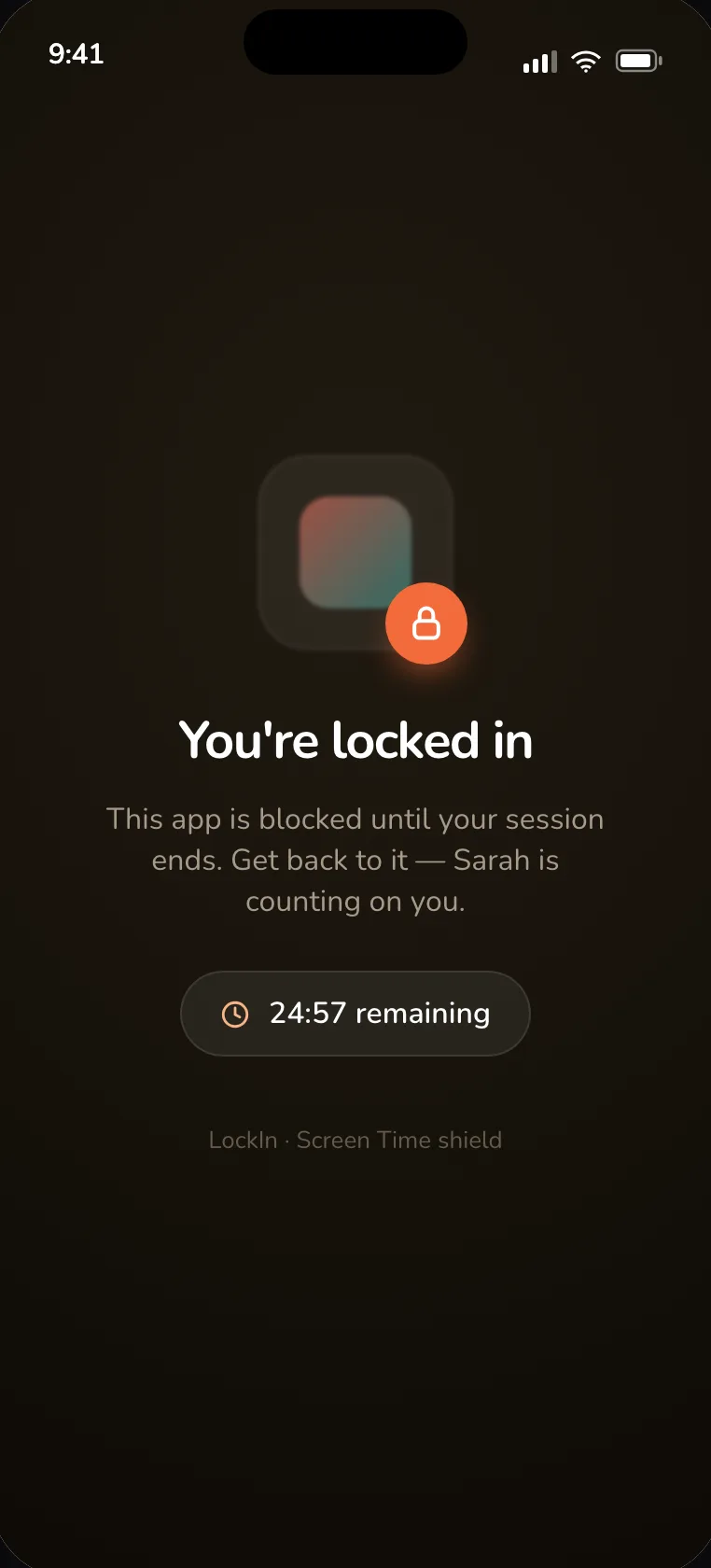 Opening a blocked app during a session shows a shield: you're locked in, this app is blocked until your session ends, 24:59 remaining.