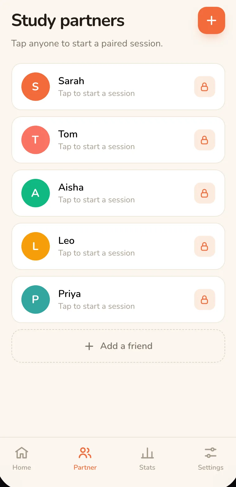 A list of study partners — Sarah, Tom, Aisha, Leo and Priya — each one tappable to start a paired session.